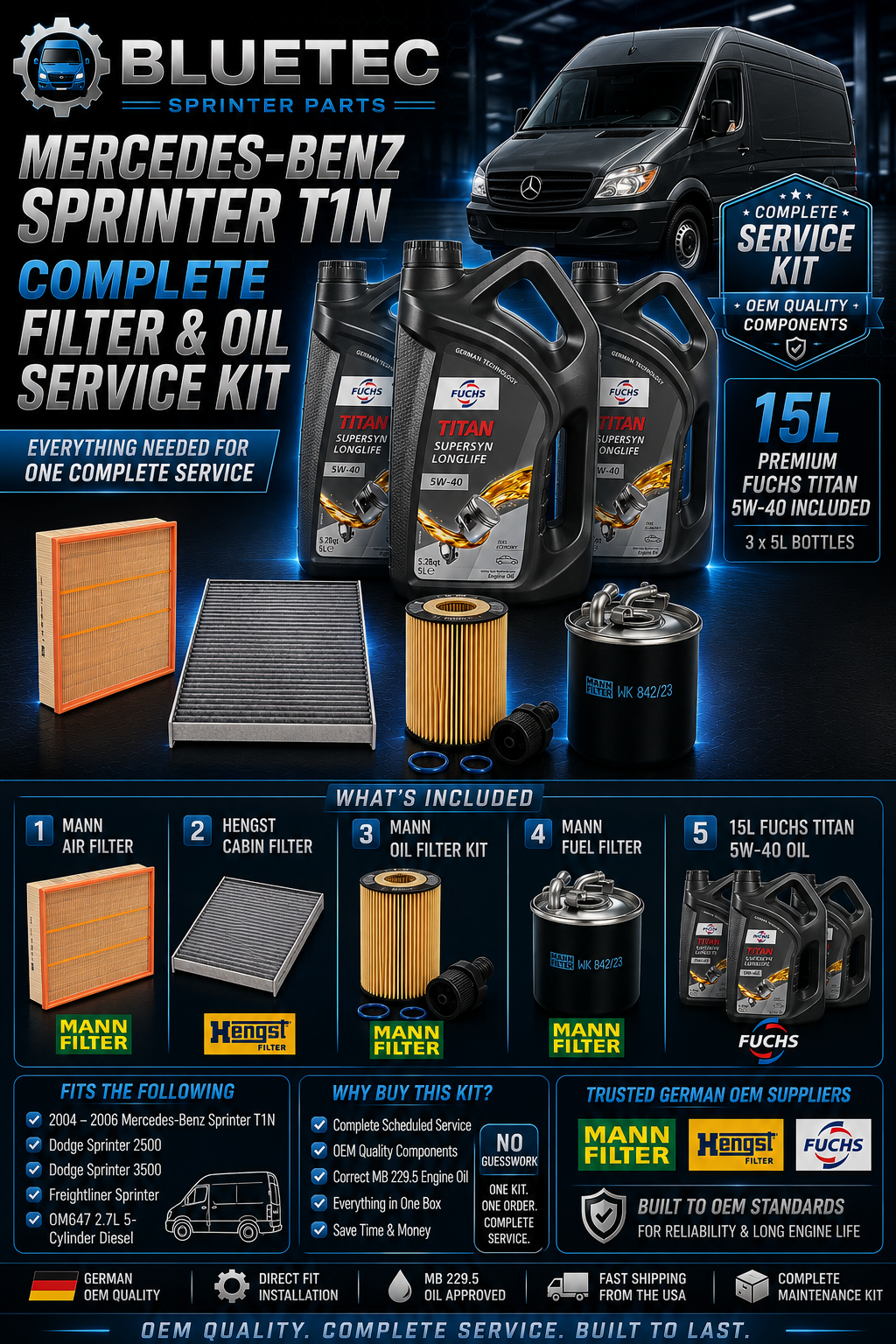 Mercedes-Benz Sprinter T1N Complete Filter & Oil Service Kit | OM647 2.7L Diesel | 2004–2006 | OEM Maintenance Kit
