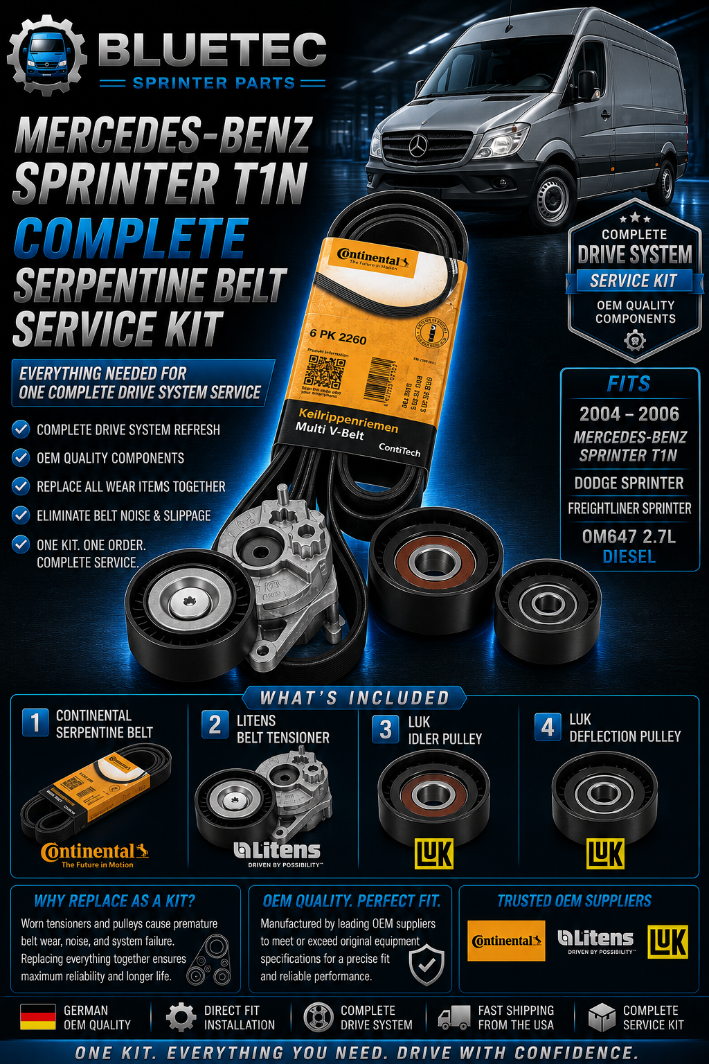 Mercedes-Benz Sprinter T1N Complete Serpentine Belt Service Kit | OM647 2.7L Diesel | 2004–2006