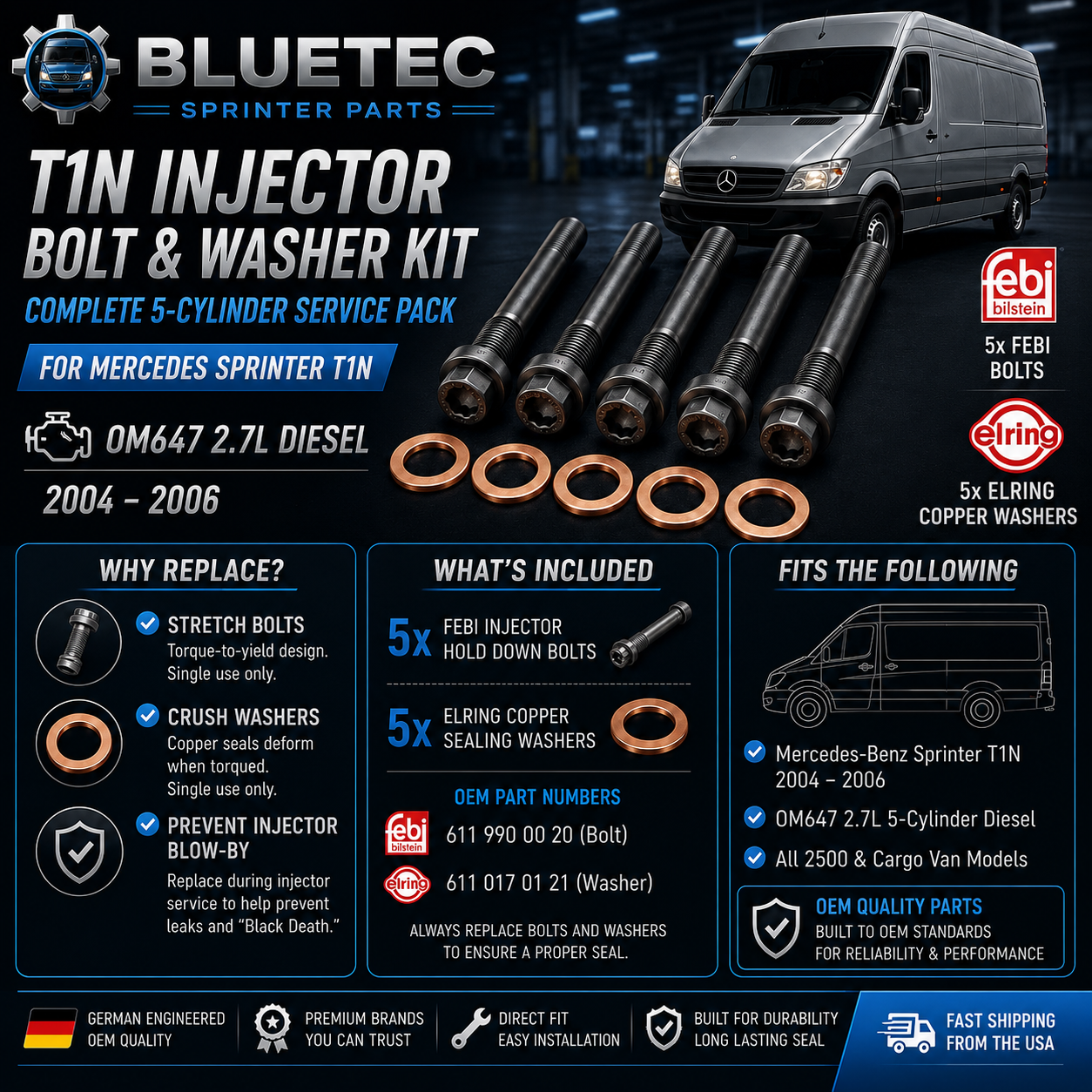 Mercedes-Benz Sprinter T1N Injector Hold-Down Bolt & Sealing Washer Kit | OM647 2.7L Diesel | 2004–2006